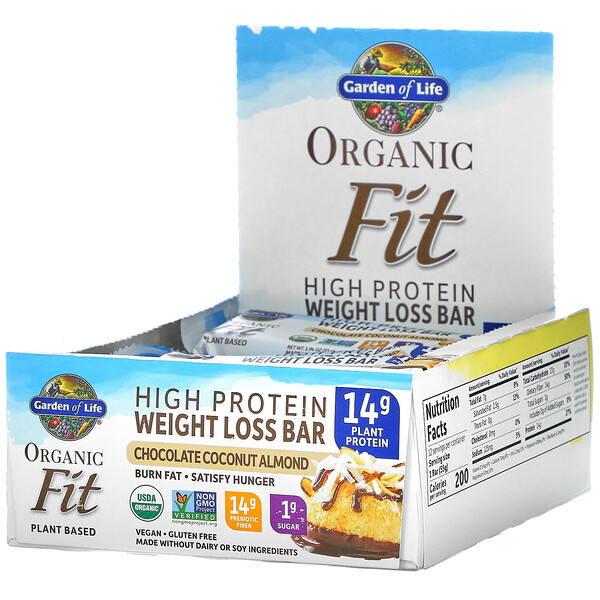 Garden of Life‏, Organic Fit, חטיף חלבון לירידה במשקל, בטעם שוקולד קוקוס ושקדים, 12 חטיפים, 55 גרם (1.94 אונקיות) כל אחד