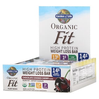 Garden of Life, Organic Fit, Barra de pérdida de peso alto en proteínas, cereza cubierta de chocolate, 12 barras, 1.9 oz (55 g) c/u