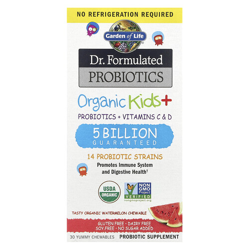 Garden of Life, Dr. Formulated Probiotics, Organic Kids+, Probiotics, Bio-Probiotika für Kinder, Vitamine C und D, leckere Bio-Wassermelone, 30 leckere Kautabletten