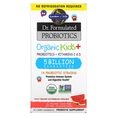 

Garden of Life Dr. Formulated Probiotics, Organic Kids +, со вкусом органического арбуза, 30 вкусных жевательных таблеток
