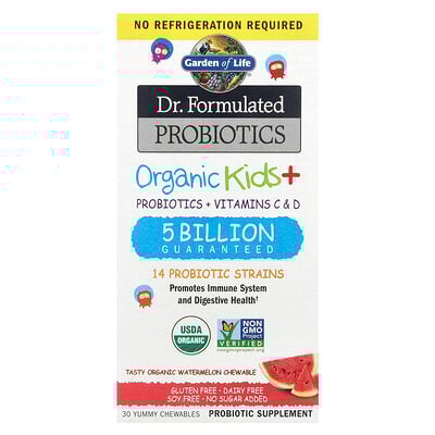 Product Image for Garden of Life, Dr. Formulated Probiotics, Organic Kids + Probiotics + Vitamins C & D Chewables, Tasty Organic Watermelon, 30 Yummy Chewables
