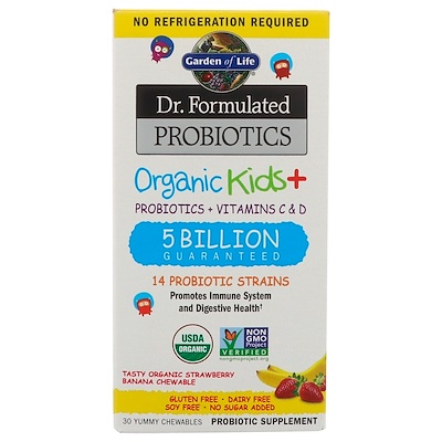 Garden of Life Пробиотики Dr. Formulated, Organic Kids +, вкусная органическая клубника и банан, 30 восхитительных жевательных таблеток