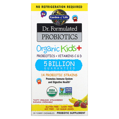 

Garden of Life Dr Formulated Probiotics, Organic Kids+, органические пробиотики для детей, со вкусом органической клубники и банана, 30 вкусных жевательных таблеток