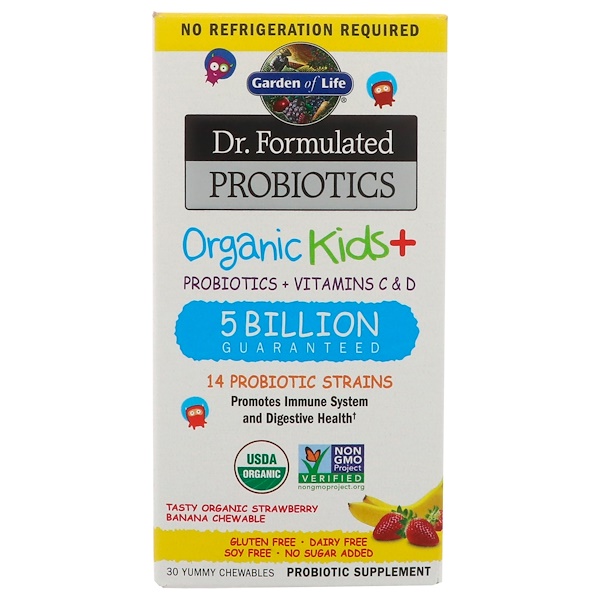Garden of Life, Пробиотики Dr. Formulated, Organic Kids +, вкусная органическая клубника и банан, 30 восхитительных жевательных таблеток