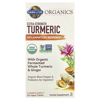 Garden of Life, Organisk, extra stark gurkmeja, inflammatorisk respons, 120 veganska tabletter