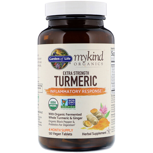 Garden of Life‏, MyKind Organics, Extra Strength Turmeric, תגובה דלקתית, 120 טבליות צמחוניות