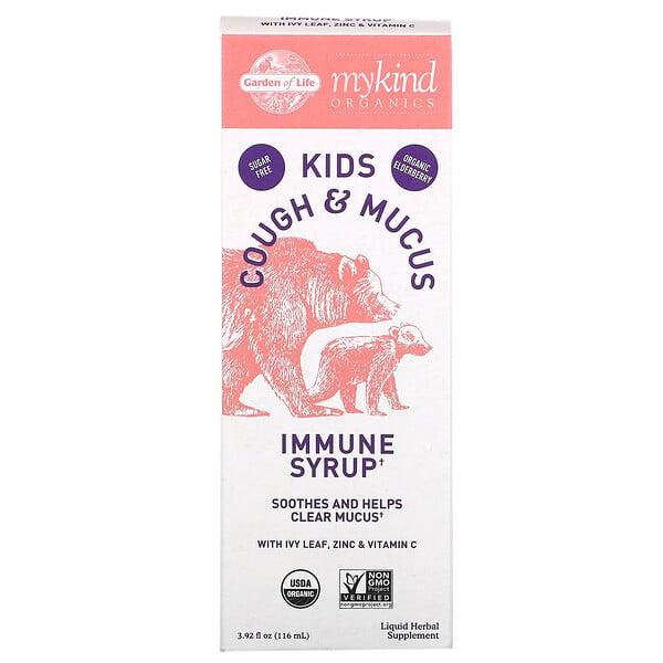 Mykind Organics 系列兒童專用咳痰舒緩配方，免疫幫助糖漿，含常春藤葉/鋅/維生素 C，3.92 液量盎司（116 毫升）