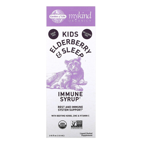Garden of Life, Mykind Organics, Kids Elderberry & Sleep, сироп с успокаивающими травами для повышения иммунитета, с цинком и витамином C, 116 мл (3,92 жидк. унции)