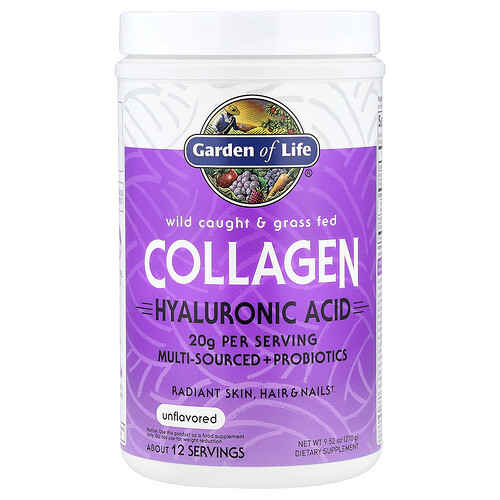 Garden Of Life Wild Caught & Grass Fed Collagen, Hyaluronic Acid, Unflavored, 9.52 oz (270 g)