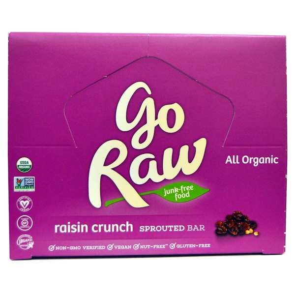 Go Raw, Органические батончики с пророщенным зерном, хрустящие, с изюмом, 10 батончиков по 14 г 