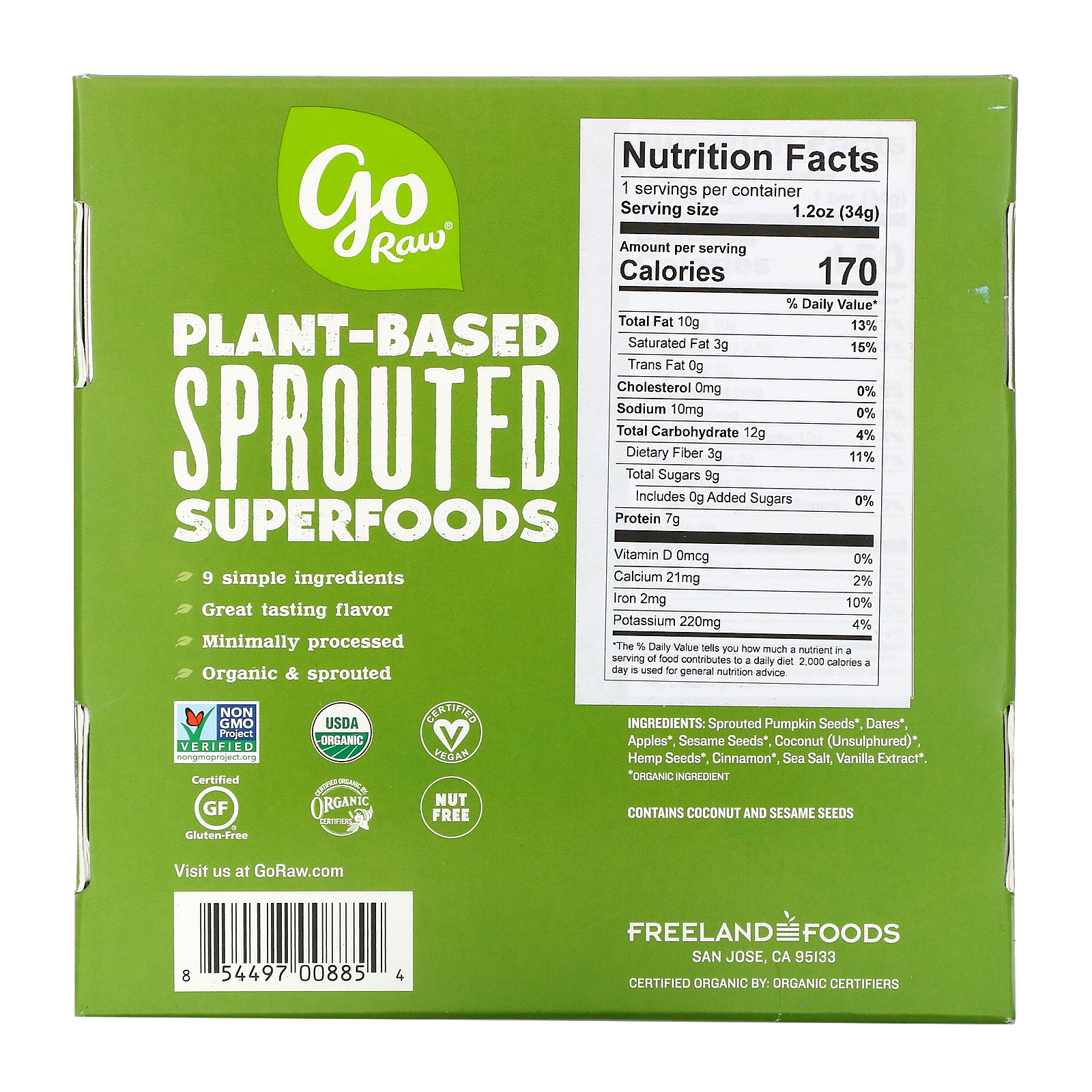 Go Raw, Sprouted Seed Trail Mix Bar, Apple Cinnamon, 12 Bars, 1.2 oz(34