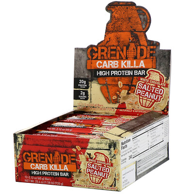 Grenade Carb Killa, высокопротеиновые батончики, белый шоколад и соленый арахис, 12 батончиков, 60 г (2,12 унции) каждый