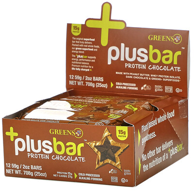 Greens Plus Plusbar, протеины и шоколад, 12 батончиков по 59 г