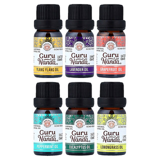 GuruNanda, Top 6 etherische oliën, puur en natuurlijk, verpakking van 6 stuks, 10 ml per stuk.