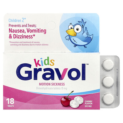 Gravol, Niños, Mareo por movimiento, Niños de 2 años en adelante, Cereza, 15 mg, 18 comprimidos