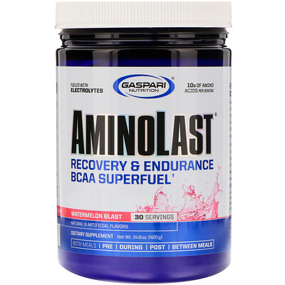 Gaspari Nutrition Aminolast, восстановление и выносливость, супертопливо из аминокислот с разветвленной цепью, арбузный взрыв, 420 г
