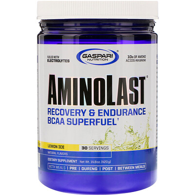 Gaspari Nutrition Aminolast, Супертопливо BCAA, восстановление и выносливость, лимонный лед, 14,8 унц. (420 г)