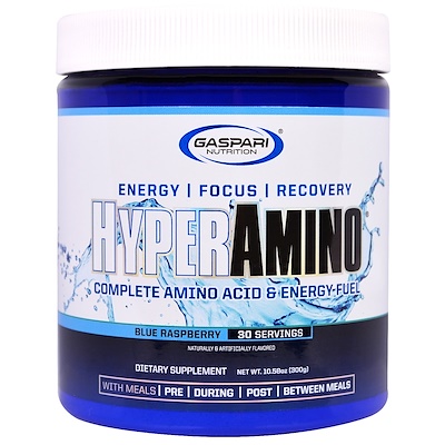 Gaspari Nutrition HYPERAMINO, Complete Amino Acid & Energy Fuel, Blue Raspberry, 10.58 oz (300 g)