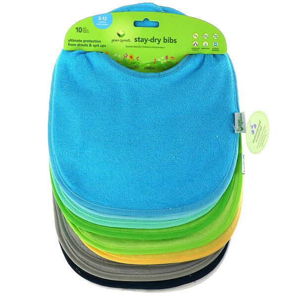 Green Sprouts‏, Stay-dry Infant Bibs, 3-12 Months, Aqua, 10 Pack