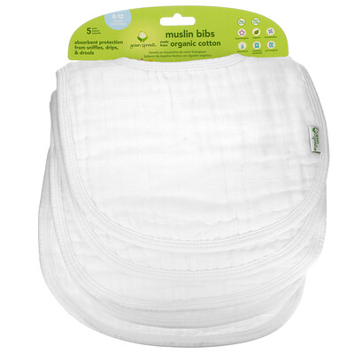 Green Sprouts Muslin Bibs, 0-12 Months, White, 5 Pack