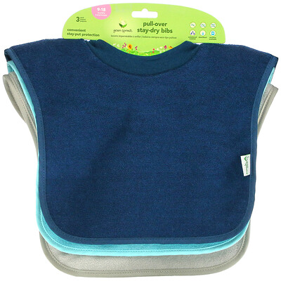 Green Sprouts Pull-Over Stay-Dry Bibs, 9-18 Months, Blue, Aqua and Gray, 3 Pack