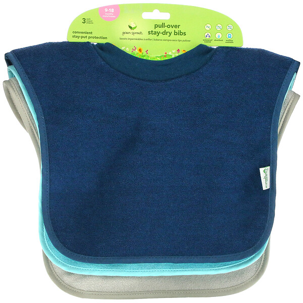 Green Sprouts‏, Pull-Over Stay-Dry Bibs, 9-18 Months, Blue, Aqua and Gray, 3 Pack