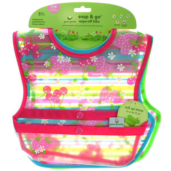 Green Sprouts‏, Snap & Go Wipe Off Bibs, 9-18 Months, 3 Pack