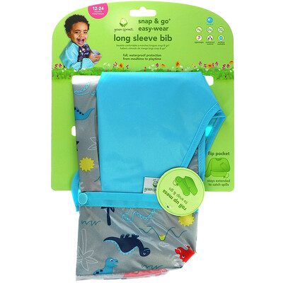 Green Sprouts Нагрудник с длинным рукавом Snap & Go Easy Wear, для детей от 12 до 24 месяцев, Aqua Dinosaur, 1 штука