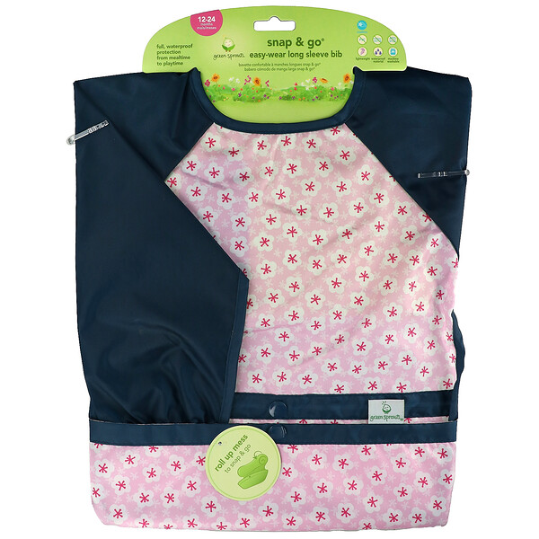 Green Sprouts‏, Snap & Go Easy Wear Long Sleeve Bib, 12-24 Months, Pink Blossom, 1 Count