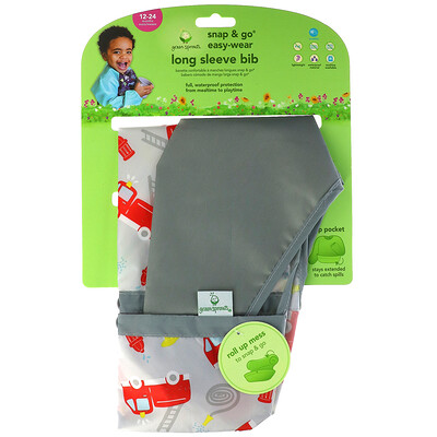 Green Sprouts Нагрудник с длинным рукавом Snap & Go Easy Wear, для детей от 12 до 24 месяцев, серый, для пожарных, 1 штука