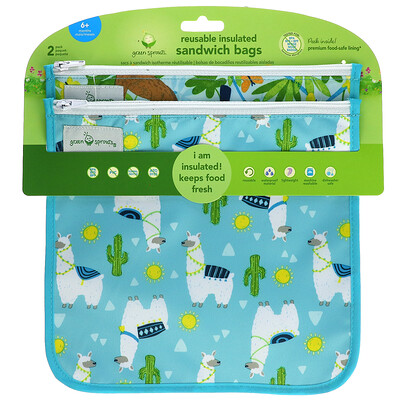 Green Sprouts Reusable Insulated Sandwich Bags, 6+ Months, Aqua Llamas, 2 Pack