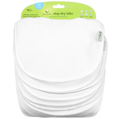 Green Sprouts Stay Dry Bibs, 3-12 Months, White, 10 Pack