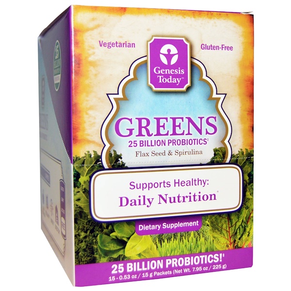 Genesis Today, Greens, льняное семя и спирулина, 15 пакетиков, 0,5 унции каждый (Discontinued Item) 