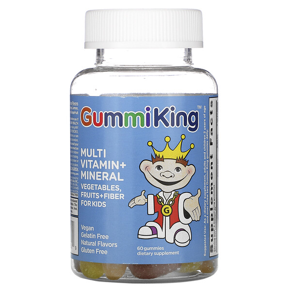GummiKing, Multi Vitamin + Mineral, Multivitamine und Mineralien, Gemüse, Obst + Ballaststoffe für Kinder, 60 Fruchtgummis
