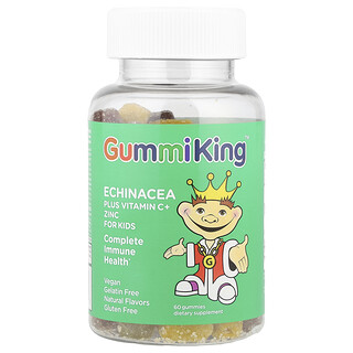 GummiKing, Echinacea Plus C-vitamin + zink til børn, jordbær, appelsin, citron, drue, kirsebær og grapefrugt, 60 vingummier