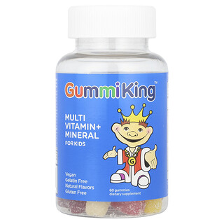 GummiKing, Gomitas multivitamínicas y minerales para niños, Fresa, naranja, limón, uva, cereza y pomelo, 60 gomitas