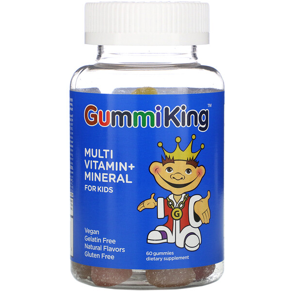 GummiKing, Multi-Vitamin + Mineral für Kinder, Erdbeere, Orange, Zitrone, Traube, Kirsche und Grapefruit, 60 Fruchtgummis