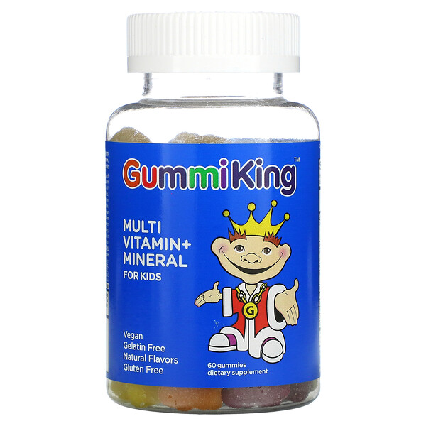GummiKing, Multi-Vitamin + Mineral für Kinder, Erdbeere, Orange, Zitrone, Traube, Kirsche und Grapefruit, 60 Fruchtgummis
