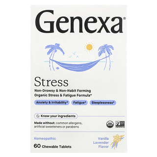 Genexa, Estresse, Fórmula Orgânica para Alívio de Estresse e Fadiga, Baunilha e Lavanda, 60 Comprimidos Mastigáveis