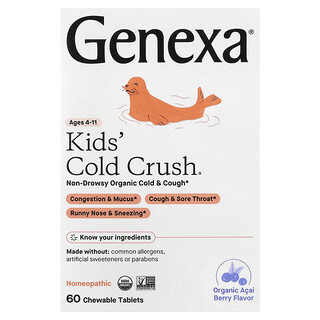 Genexa, Kids' Cold Crush®, Ages 4-11, Organic Acai Berry, 60 Chewable Tablets