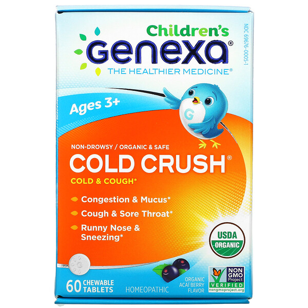 Genexa, Children's Cold Crush, Cold & Cough, Ages 3+, Organic Acai Berry, 60 Chewable Tablets
