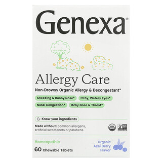 Genexa, Antialergénico, Antialergénico y descongestivo orgánico que no produce somnolencia, Baya de asaí orgánica, 60 comprimidos masticables