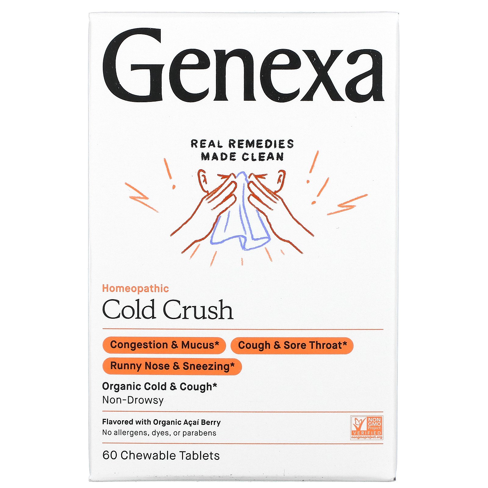 Genexa, Cold Crush, Cold  Cough, Organic Acai Berry Flavor, 60 Chewable Tablets