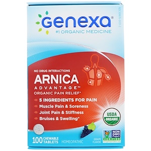 Genexa LLC, Arnica Advantage, Organic Pain Relief, Grape Flavor, 100 Chewable Tablets