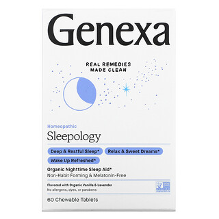 Genexa, スリーポロジー、オーガニック夜間睡眠補助薬、バニララベンダー風味、チュアブルタブレット60粒