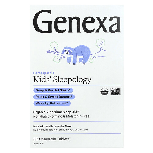 Genexa , Kids' Sleepology, Organic Nighttime Sleep Aid, Ages 3-11, Vanilla Lavender, 60 Chewable Tablets