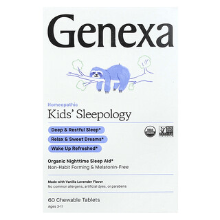 Genexa, Sleepology，儿童有机夜间安眠片，香草薰衣花草味，3 岁及以上，60 片咀嚼片