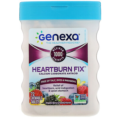 Genexa Heartburn Fix, антацид с карбонатом кальция, органические ароматизаторы «ягоды» и «ваниль», 72 жевательные таблетки