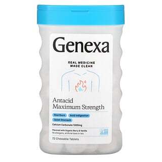 Genexa, Antiácido de concentración máxima, Bayas y vainilla orgánicas, 1000 mg, 72 comprimidos masticables