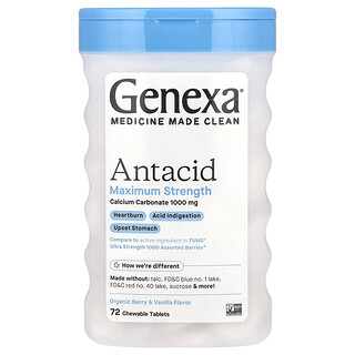 Genexa, Anti-acide, Puissance maximale, Baies et vanille biologiques, 1000 mg, 72 comprimés à croquer